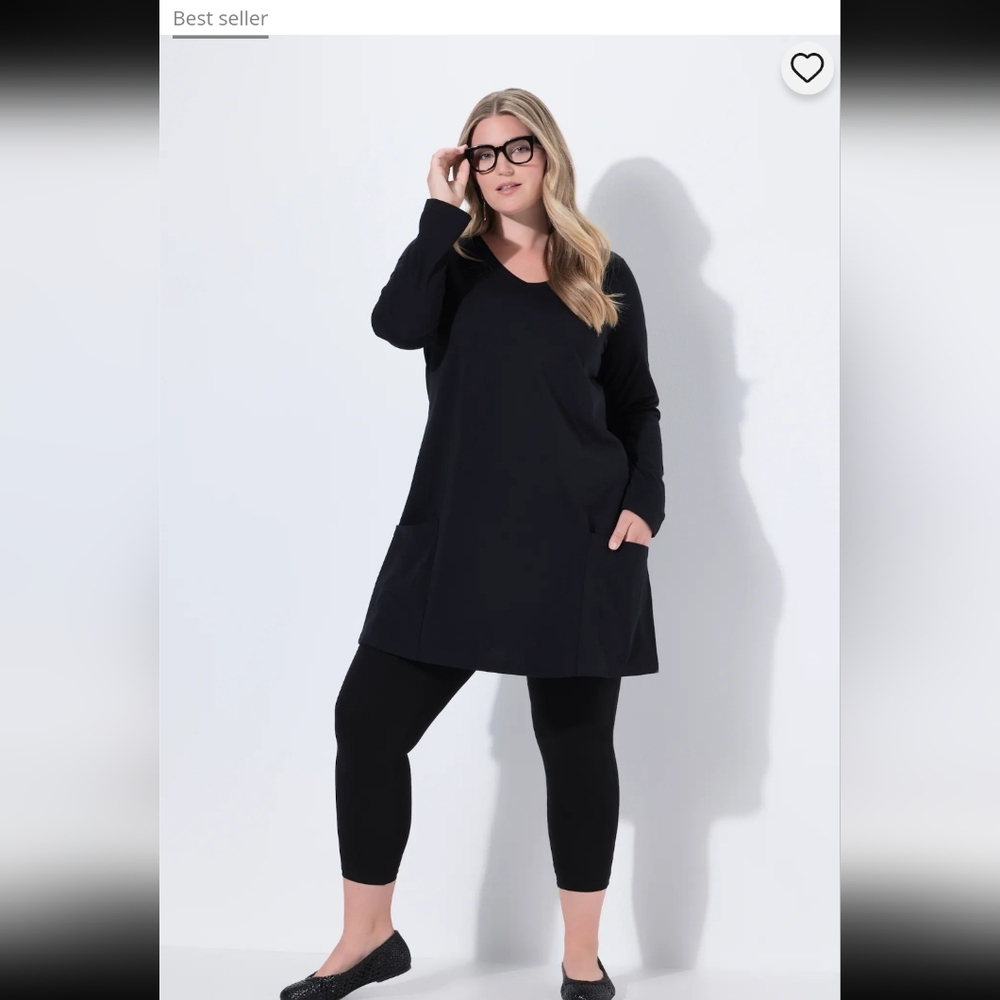 ULLA POPKEN Size 20/22 V-Neck Swing Pocket Knit Tunic Black